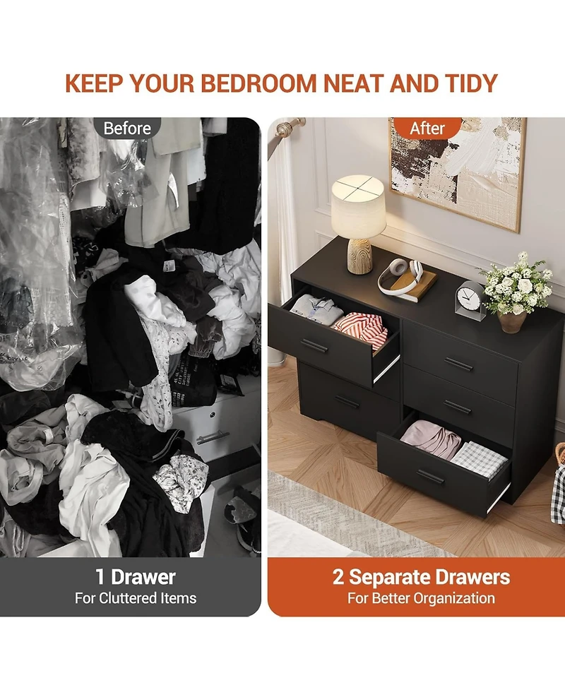 Gaomon 6-Drawer Dresser – Modern Wooden Chest with Metal Handles, Perfect Organizer for Bedroom, Closet, or Living Room.