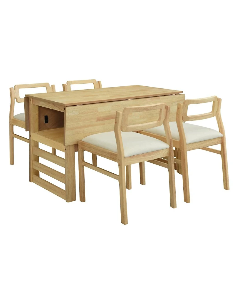 Maison Boucle 5-Piece Extendable Dining Table Set with Drop Leaves and Storage Shelf, Space-Saving Kitchen Table and Upholstered Chairs