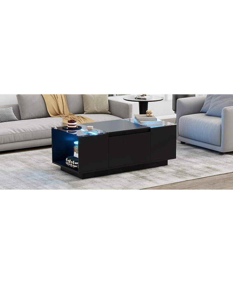 Lovmor Led Coffee Table – Modern High-Gloss Center Table with Glass Top, Open Storage & 2 Hidden Drawers