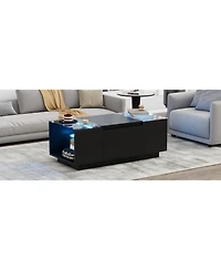 Lovmor Led Coffee Table – Modern High-Gloss Center Table with Glass Top, Open Storage & 2 Hidden Drawers