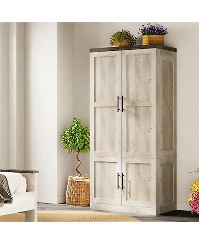 Likimio Rustic White Large Wardrobe Closet with Hanging Rod and 2 Doors