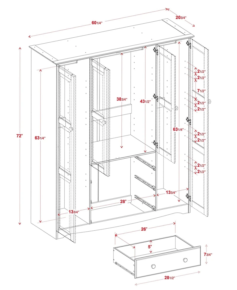 Palace Imports 100% Solid Wood Family 4-Door Wardrobe with Raised Panel Doors and Metal Knobs