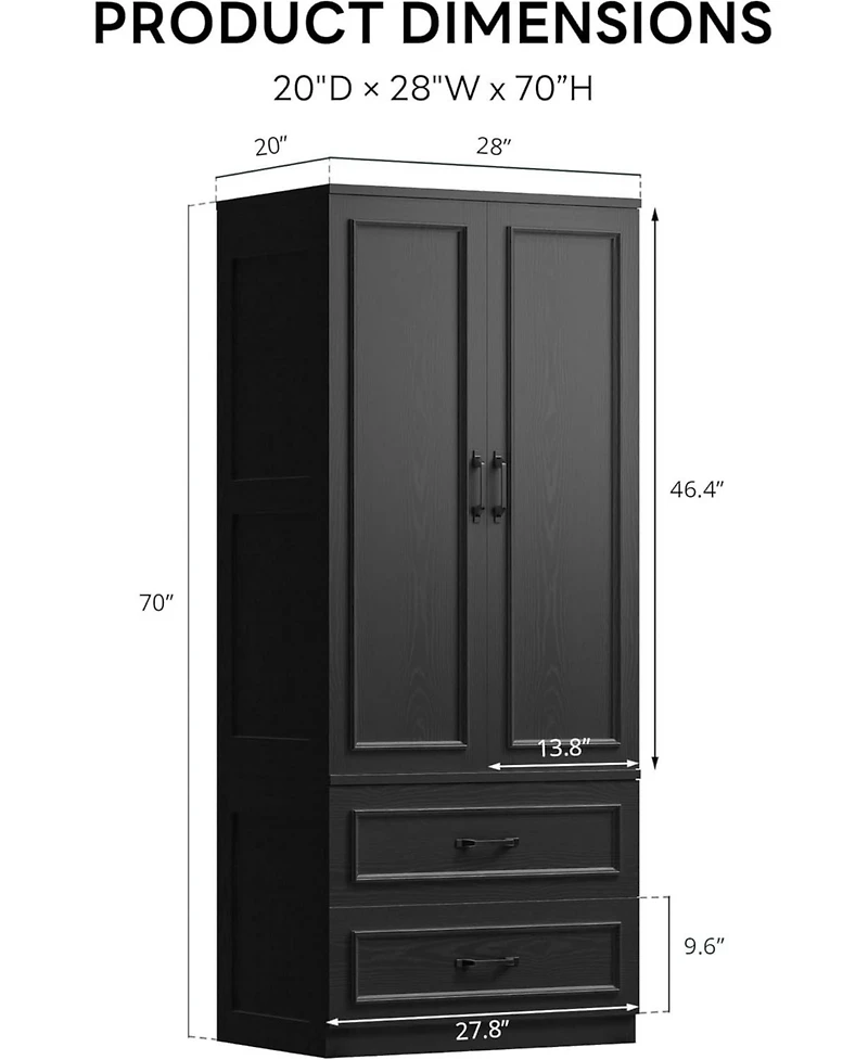 Likimio Black Armoire Wardrobe Closet with 2 Doors and 2 Drawers