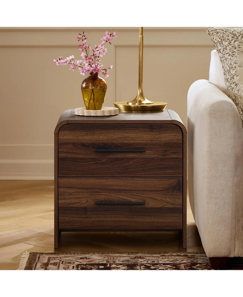 LuxenHome Walnut Finish 2-Drawer Nightstand & End Table, Engineered Wood with Rounded Corners