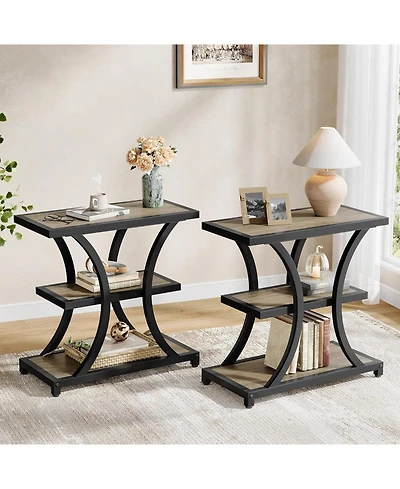 Tribesigns End Table with Storage Set of 2, 3-Tier Side Geometric Metal Design, Industrial Nightstand