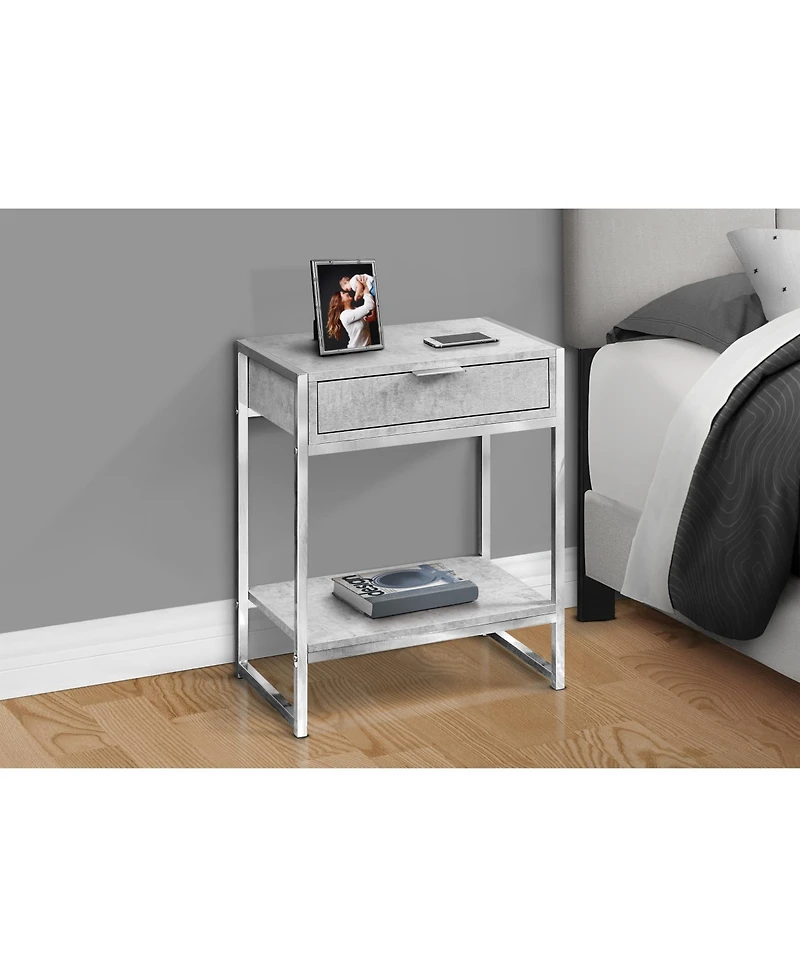 Lovmor Accent Table, Side, End, Nightstand, Lamp, Storage Drawer, Living Room, Bedroom, Grey Laminate, Chrome Metal, Contemporary, Modern