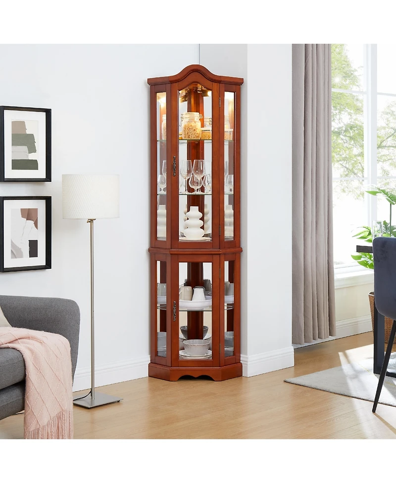Lovmor Corner Curio Cabinet with Light System Mirrored Back Adjustable Shelves and Walnut Finish
