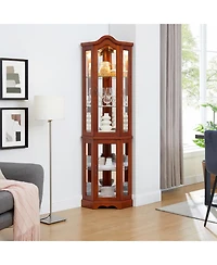 Lovmor Corner Curio Cabinet with Light System Mirrored Back Adjustable Shelves and Walnut Finish