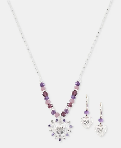 Anne Klein Crystal Heart Beaded Pendant Necklace & Drop Earrings Set