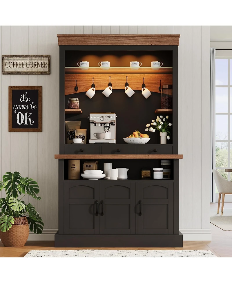 Gaomon Coffee Bar Cabinet with Led Light, 72" Tall Farmhouse Hutch Storage, Sideboard Buffet