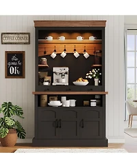 Gaomon Coffee Bar Cabinet with Led Light, 72" Tall Farmhouse Hutch Storage, Sideboard Buffet