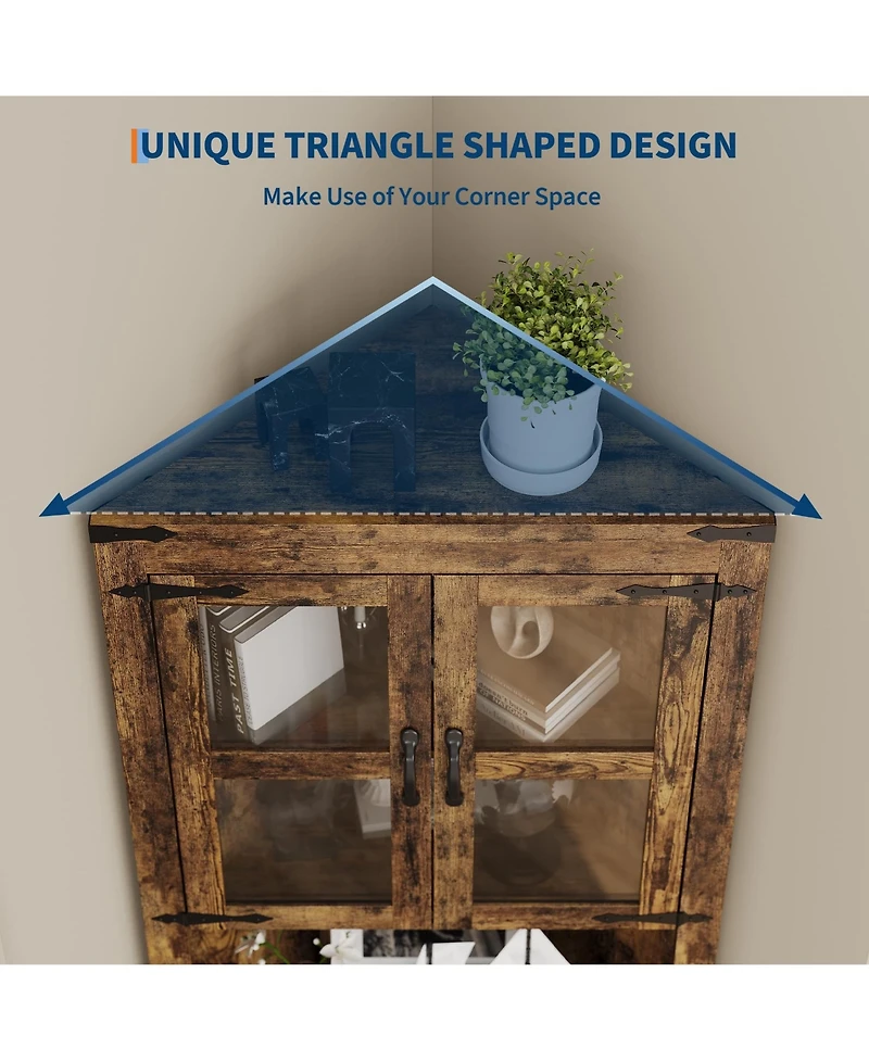 gaomon Tall Corner Cabinet, Farmhouse Storage Cabinet with Glass Door & Adjustable Shelves, Space Saving