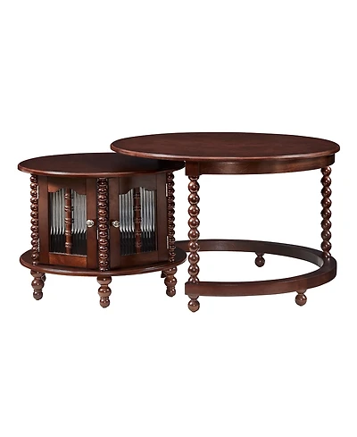 Boyel Living 31.3" Vintage Walnut Coffee Table with Bamboo-Shaped Glass Doors, Nesting Design