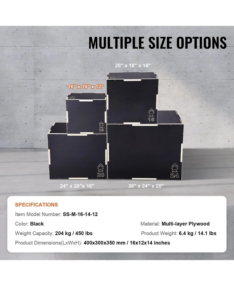 Sugfit 3-in-1 Plyo Jump Box 16/14/12" Wooden Agility Training Box