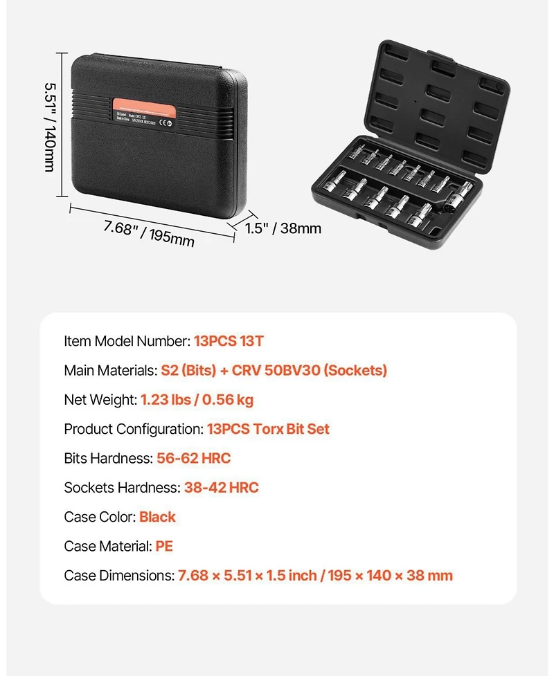 Sugfit 13-Piece Torx Bit Socket Set with T8-T60 Sizes & Secure Storage