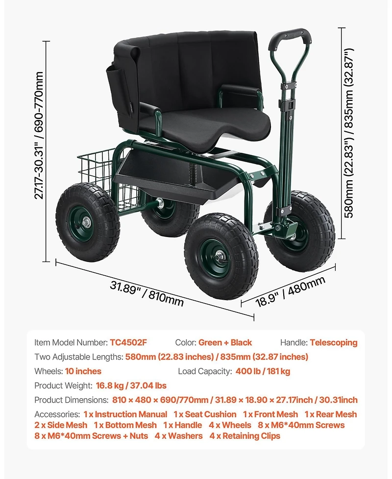 Sugfit Adjustable Garden Stool with 360° Swivel Seat & Ergonomic Backrest