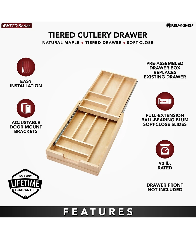 Rev-a-Shelf 15'' Tiered Cutlery Drawer Organizer with Soft-Close, 4WTCD-18HSC-1