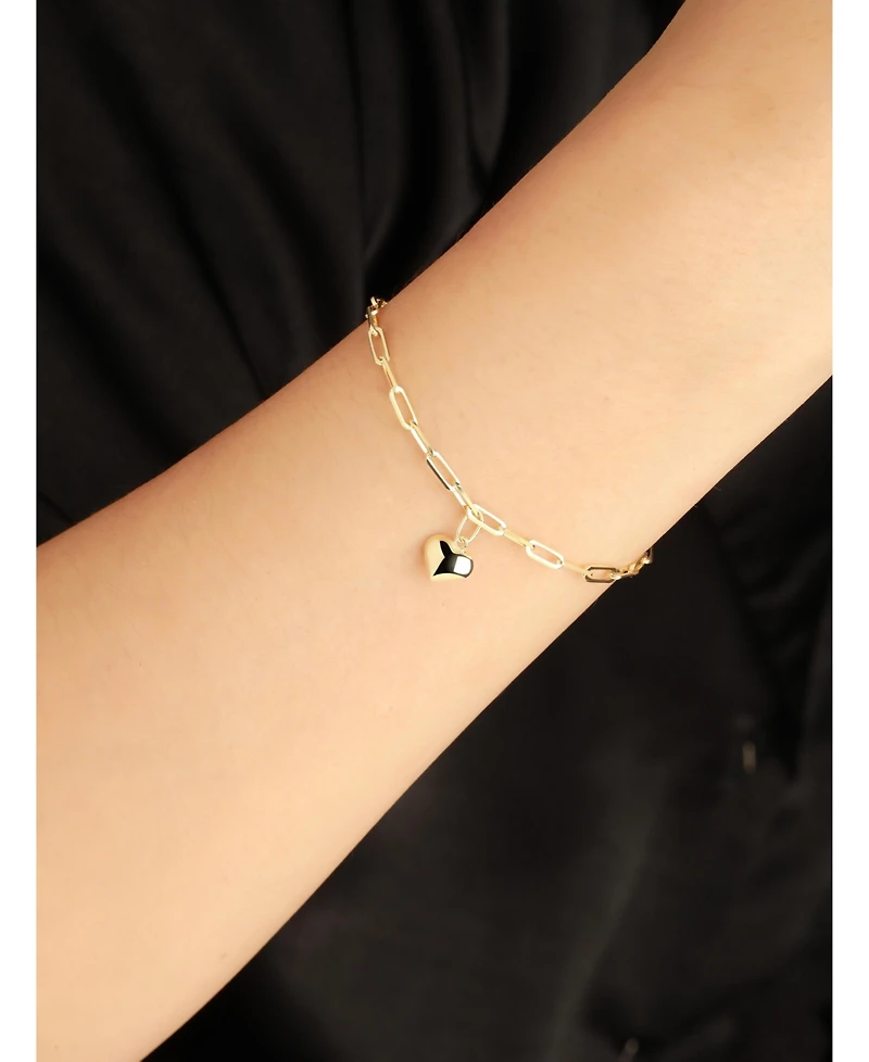 Devata Sweet Heart Charm with Paperclip Chain Bracelet in 14K Gold, 7.5in, approx. 2.6 grams.