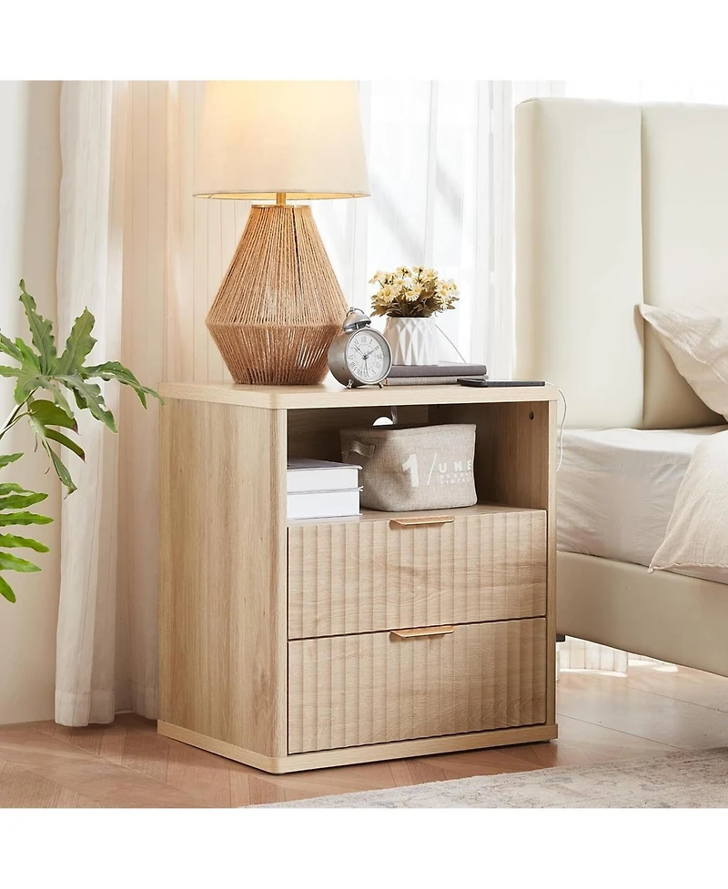 gaomon Fluted Farmhouse Nightstand with Charging Station, 23" Wide 2 Drawers End Table,Natural Dresser for Bedroom,Bed Side Table Chest, Natural