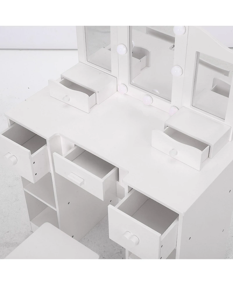 gaomon Kids Vanity Set, 2-in-1 Princess Makeup Table with Tri-Folding Mirror & Drawer, Stool, Toddler Vanity, Pretend Play Vanity Set for Kids