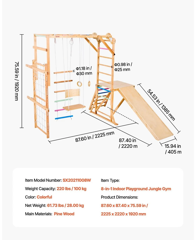 Mecale 8-in-1 Wooden Indoor Playground Jungle Gym with Swing, Slide, Monkey Bars, Gym Rings, Ladders & Climbing Net, 220 lb Capacity