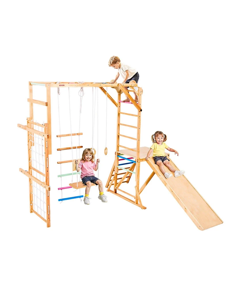 Mecale 8-in-1 Wooden Indoor Playground Jungle Gym with Swing, Slide, Monkey Bars, Gym Rings, Ladders & Climbing Net, 220 lb Capacity