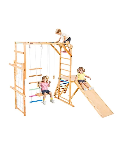 Mecale 8-in-1 Wooden Indoor Playground Jungle Gym with Swing, Slide, Monkey Bars, Gym Rings, Ladders & Climbing Net, 220 lb Capacity