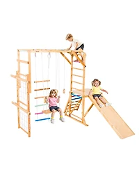 Mecale 8-in-1 Wooden Indoor Playground Jungle Gym with Swing, Slide, Monkey Bars, Gym Rings, Ladders & Climbing Net, 220 lb Capacity