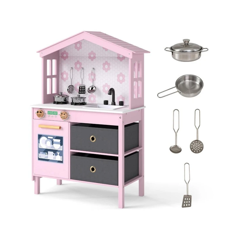 Hongge Kids Play Kitchen with Dual Stoves and Turning Knobs