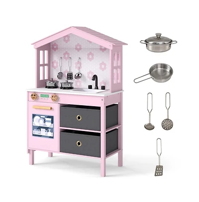 Hongge Kids Play Kitchen with Dual Stoves and Turning Knobs