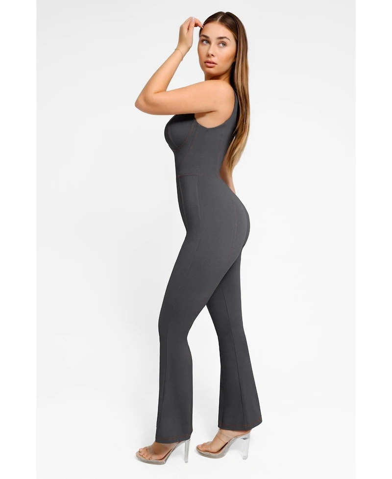 Popilush Women's Shapewear Sculpting Denim Tank Flare Leg Jumpsuit