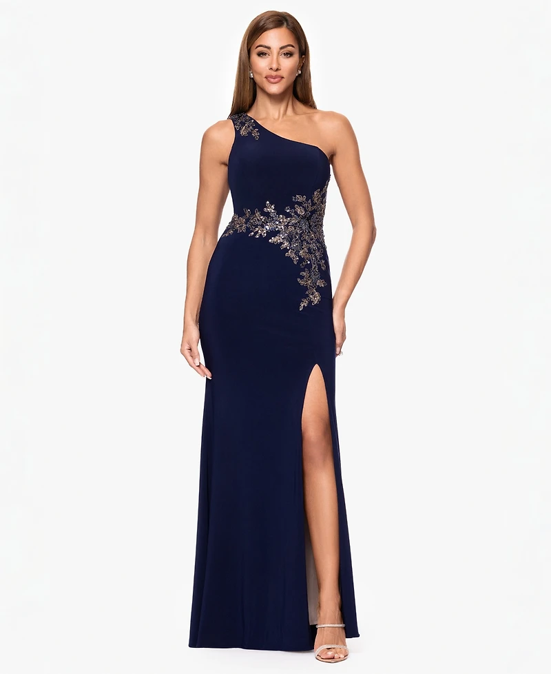 Xscape Petite One-Shoulder Applique Ball Gown