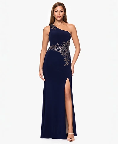 Xscape Petite One-Shoulder Applique Ball Gown