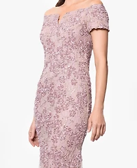 Xscape Petite Long Soutache Lace Off-The-Shoulder Ball Gown