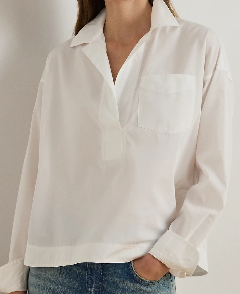 Lauren Ralph Petite Broadcloth Spread Collar Cropped Shirt