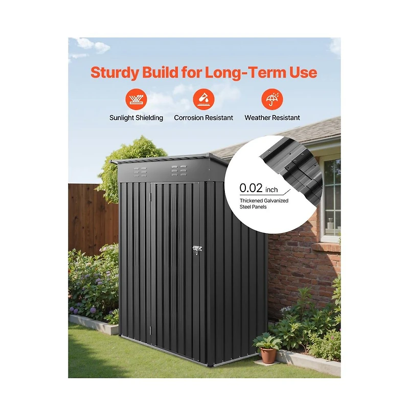 Grey 5x3 Ft Metal Tool Shed with Waterproof Design and Ventilation Vents