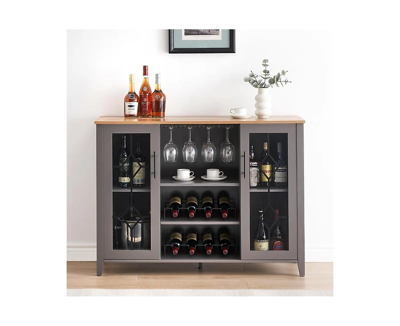 Led Wine Bar Cabinet with Glass Rack and Storage, Home Coffee & Liquor Sideboard Buffet