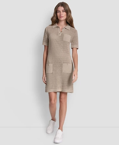 Dkny Jeans Women's Polo Collar Crochet Stitch Short Dress
