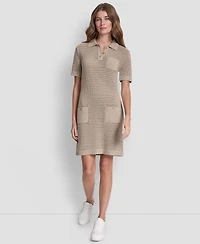 Dkny Jeans Women's Polo Collar Crochet Stitch Short Dress