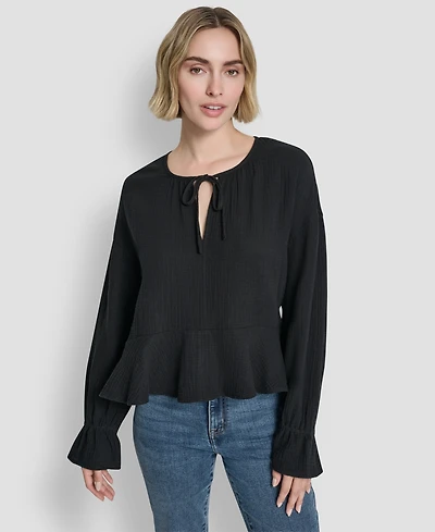 Dkny Jeans Women's Long-Sleeve Tie Neck Crop Top