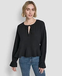 Dkny Jeans Women's Long-Sleeve Tie Neck Crop Top