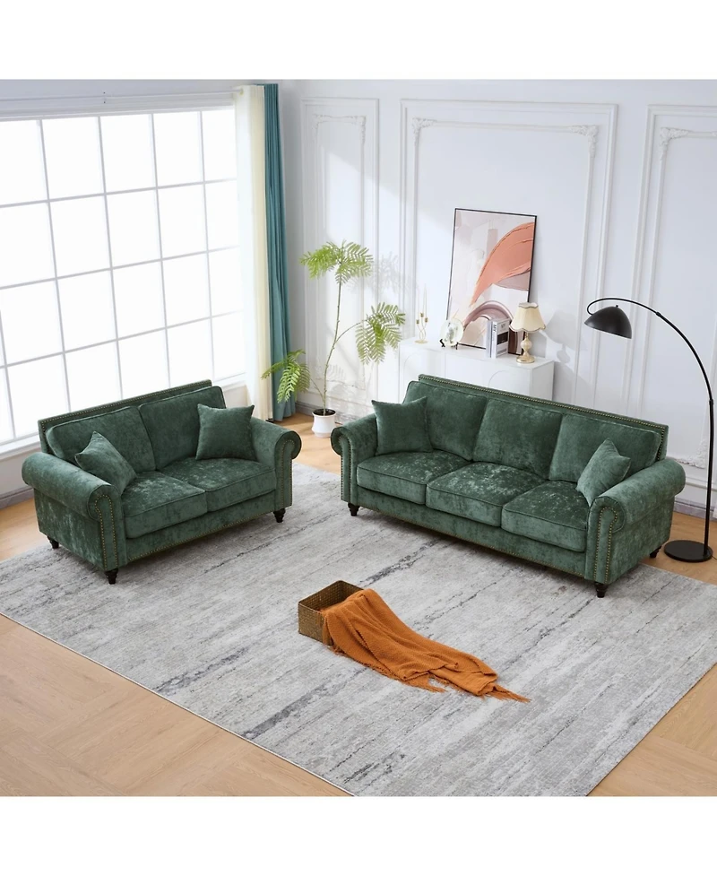 Streamdale Furniture Modern Chenille 3+2 Seater Sofa with Rolled Arms, Wood Legs, Green