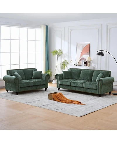 Streamdale Furniture Modern Chenille 3+2 Seater Sofa with Rolled Arms, Wood Legs, Green