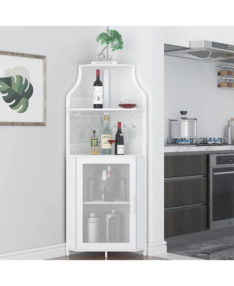 Gaomon Farmhouse Wine Bar Corner Cabinet with Detachable Rack, Mesh Door, Glass Rack & Storage for Kitchen and Dining Room