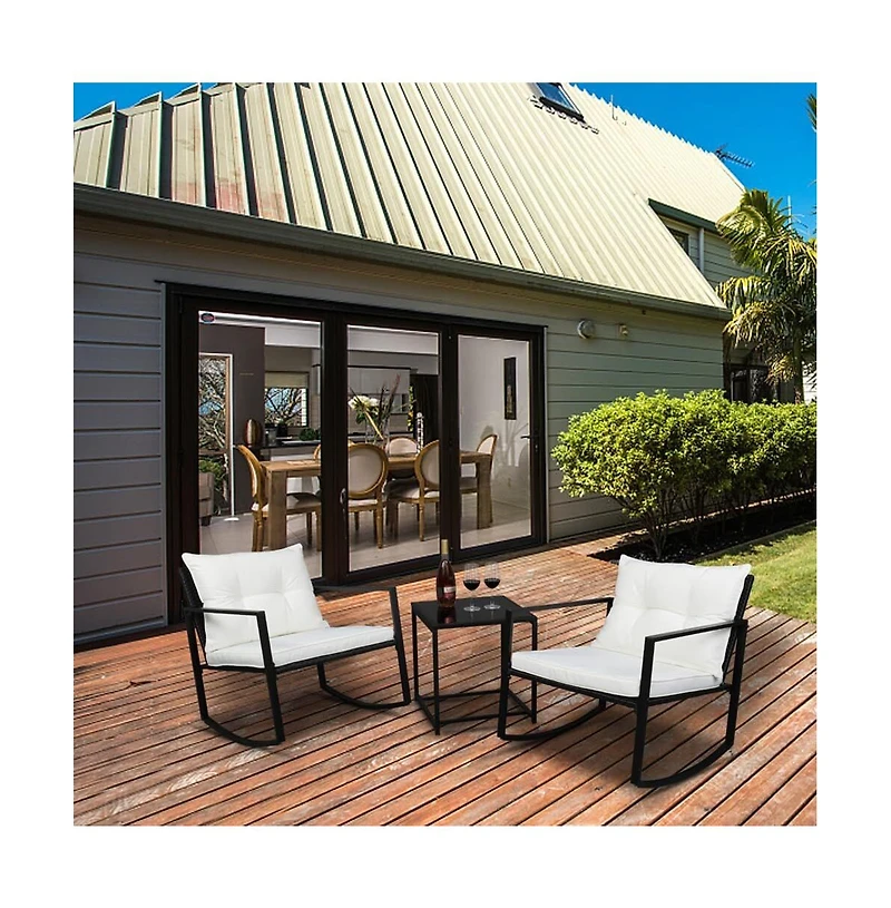Gaomon 3-Piece Outdoor Rocking Bistro Set, Wicker Patio Furniture with Rocking Chairs & Glass Coffee Table for Porch or Garden