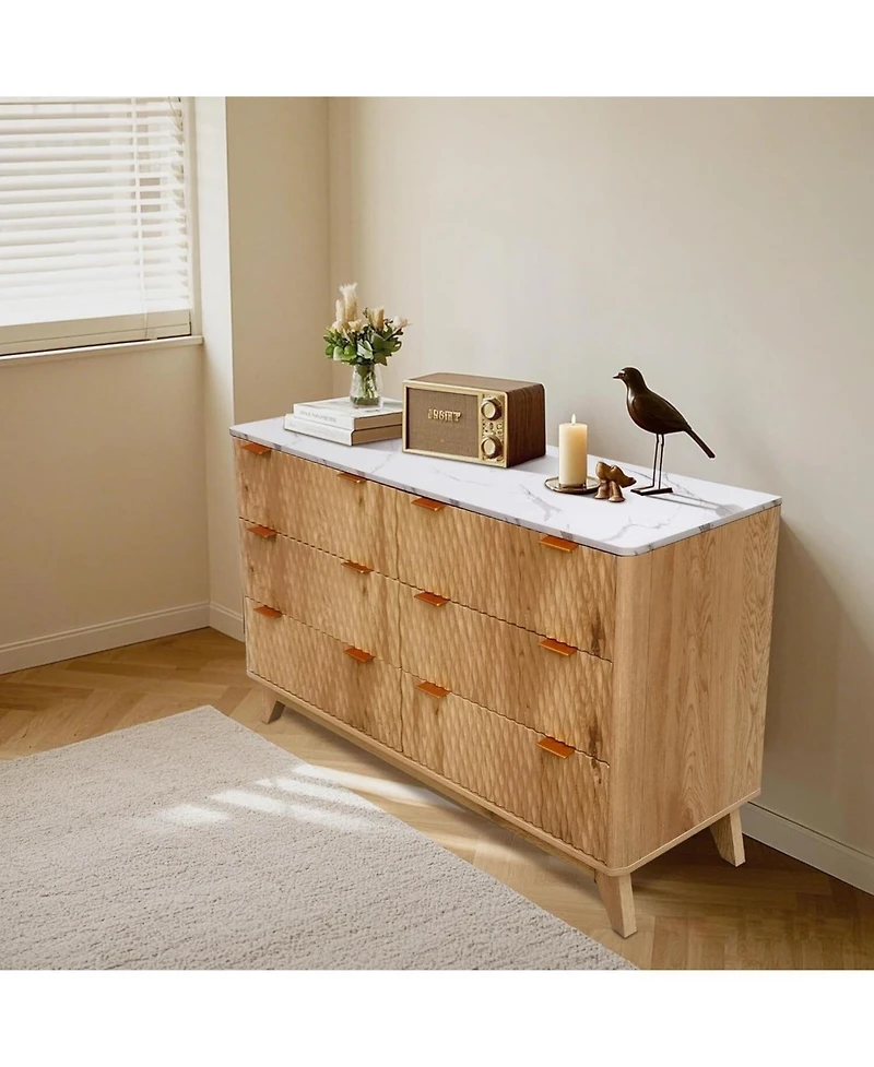 gaomon 54Inch Modern Chest of Drawers,6 Drawers Dresser with Faux Marble Top,Curved Profile Design Wood Drawer Organizer, Freestanding Storage Cabinet