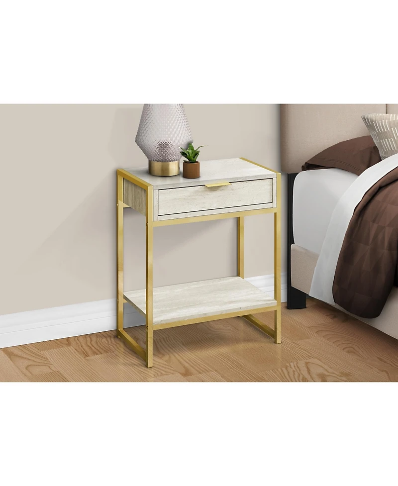 Lovmor Accent Table, Side, End, Nightstand, Lamp, Storage Drawer, Living Room, Bedroom, Beige Marble Look Laminate, Gold Metal, Contemporary, Modern