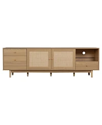 Boyel Living Tv Stand for 65 to 85 Inch Tv with Open Storage and Drawers, Modern Wood Media Console with Real Rattan