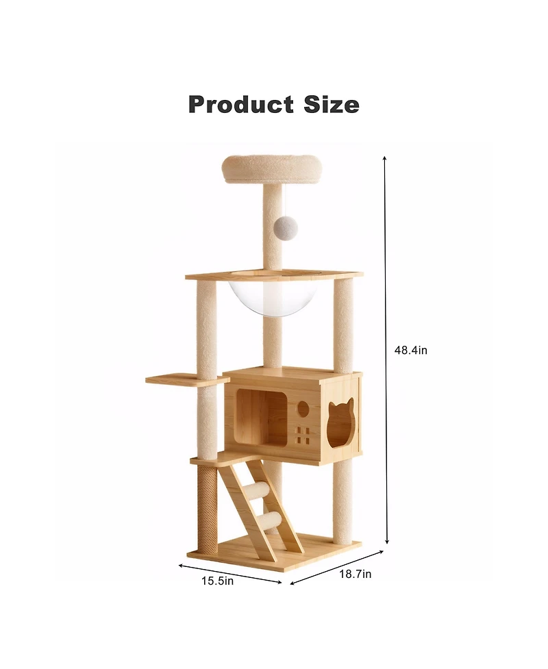 Zeus & Ruta 48.8 Modern Cat Tree Wood Tower Sisal Scratching Posts Top Perch Acrylic Hammock