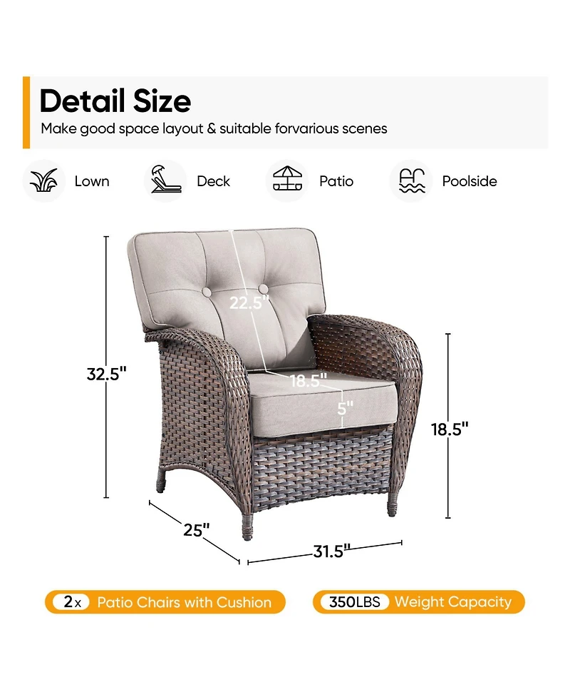 Gymojoy T-Frame Brown Wicker Outdoor Lounge Chairs with Olefin 5 In. Thick Cushions 2-Pack）